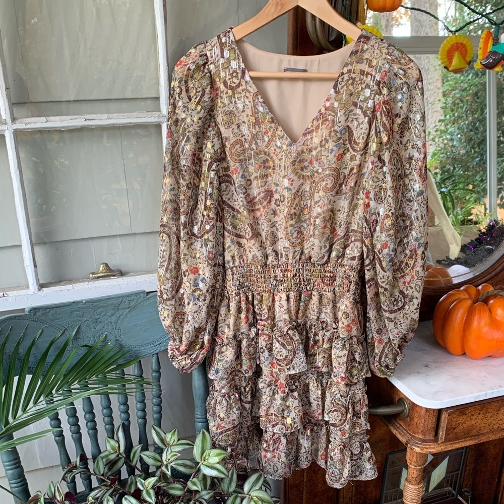 Vince Camuto Paisley Long MiniDress Cream & Brown Gold & Silver Metallic Thread